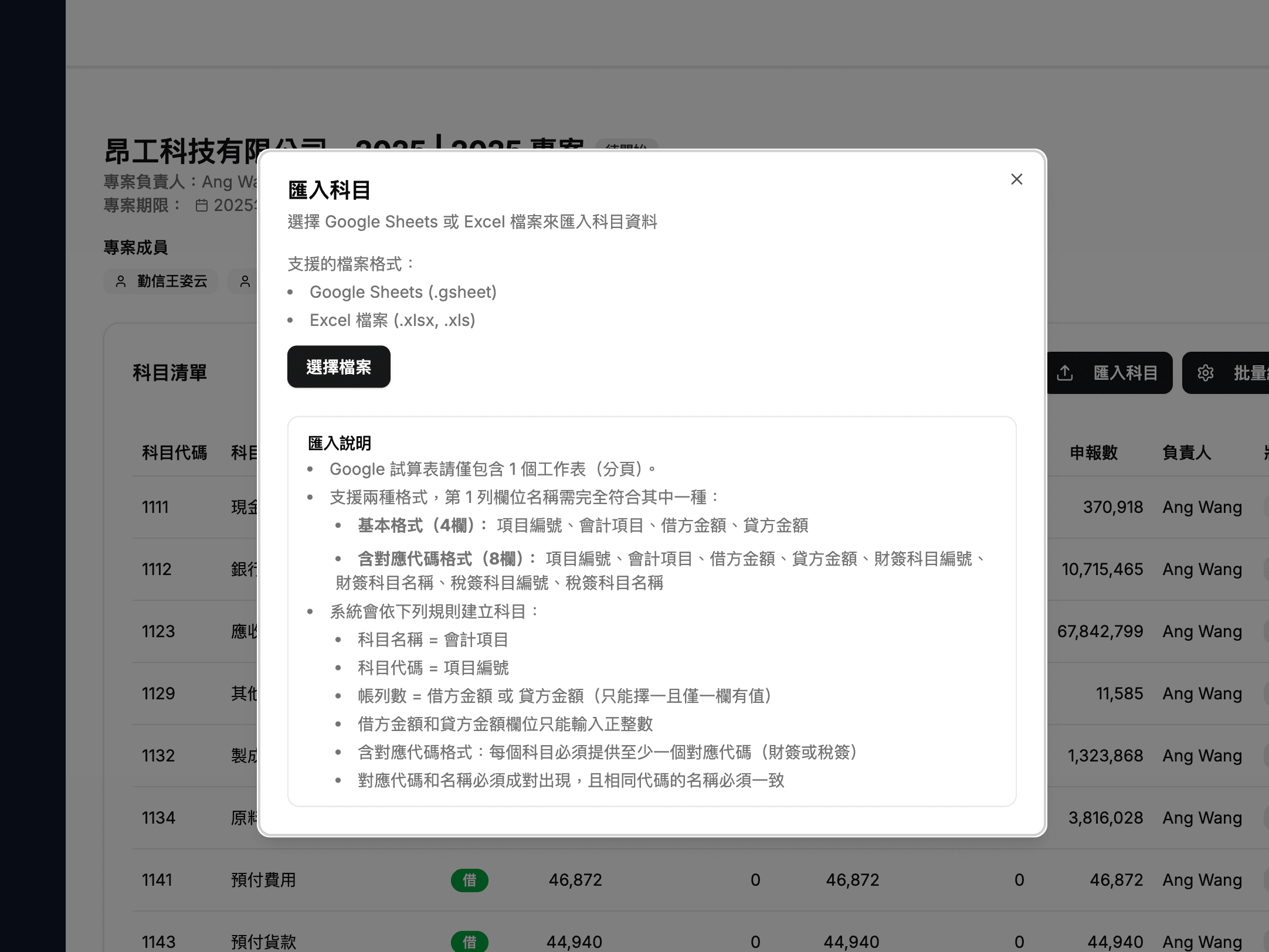 匯入會計科目 - 從 Google 試算表一鍵匯入，自動驗證格式
